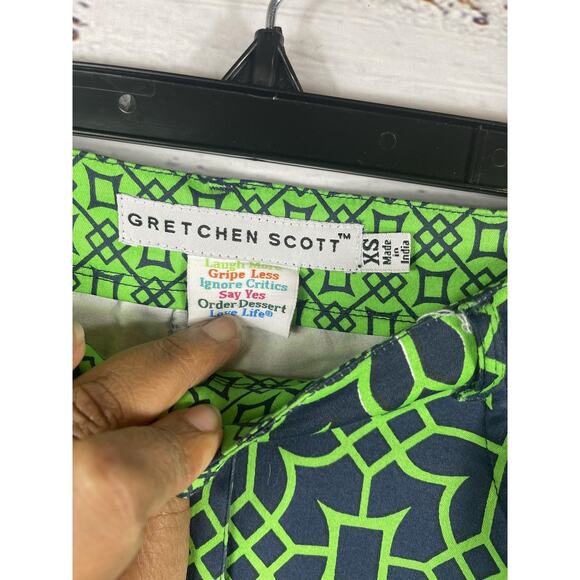 Gretchen Scott Pants Women's XS Navy Green Geometric Print Stretch Cotton Ankle - Picture 3 of 9